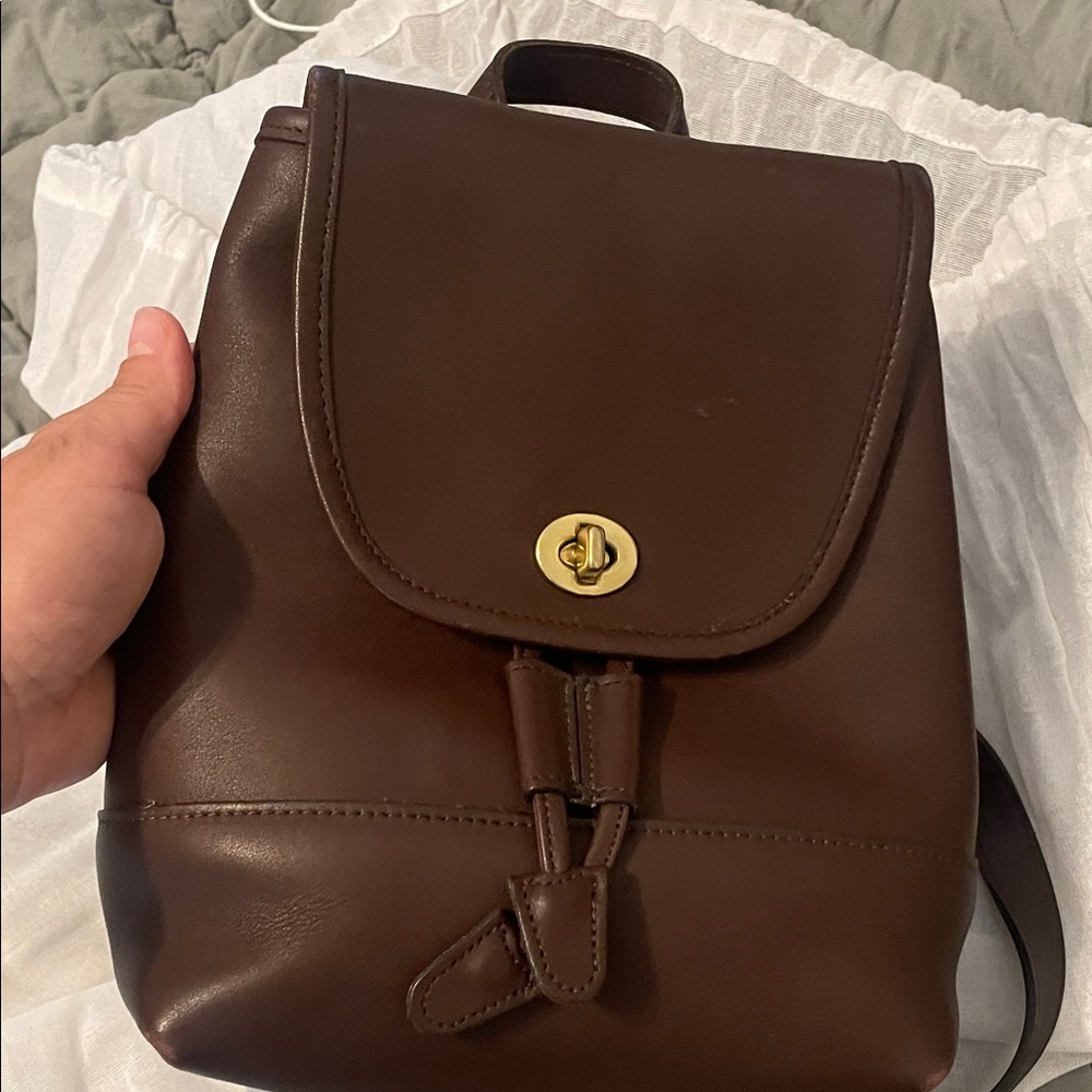 Vintage Coach Chocolate Leather Backpack with Gold Accents